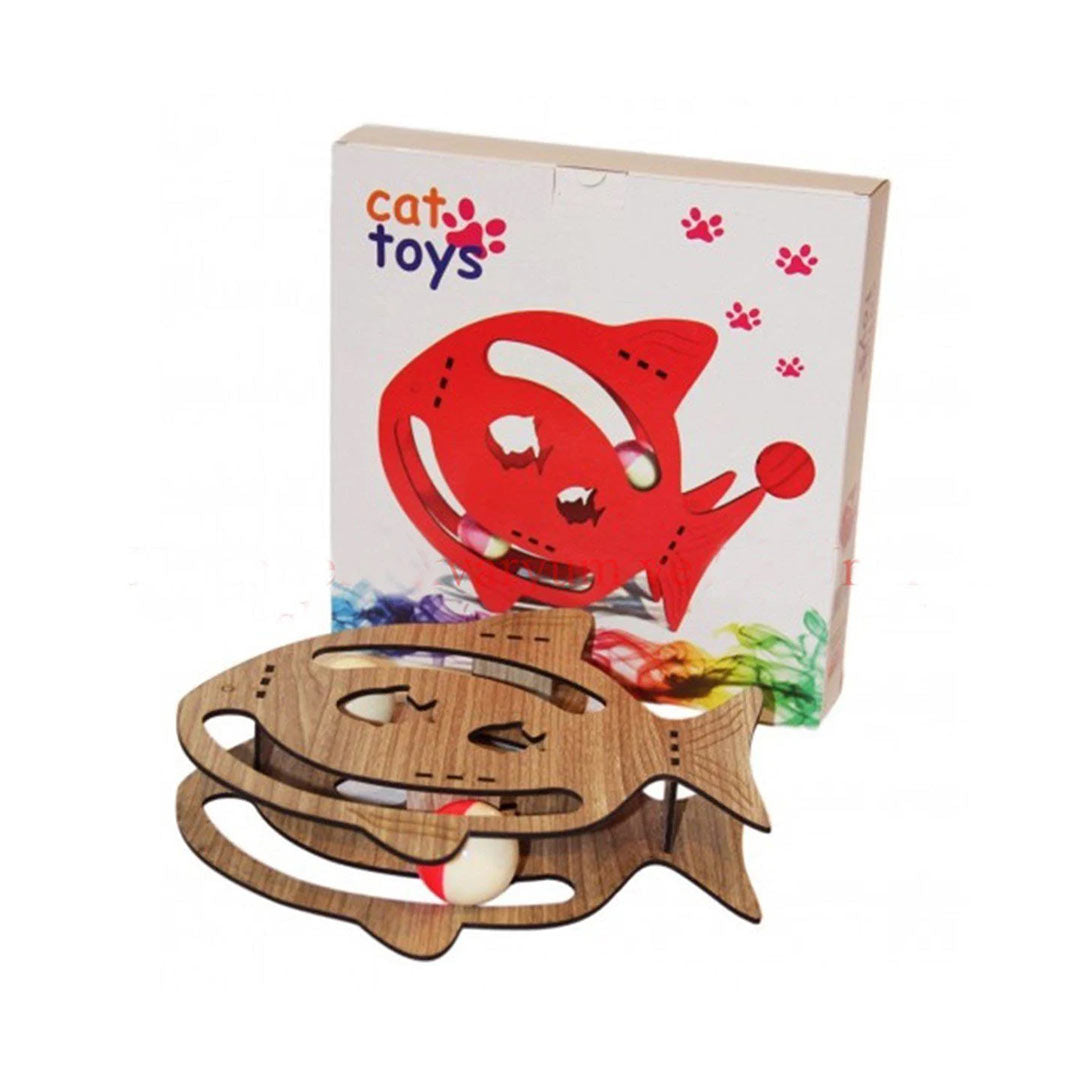 Pet Style with Two-Ball Fish-Shaped Wooden Cat Toy