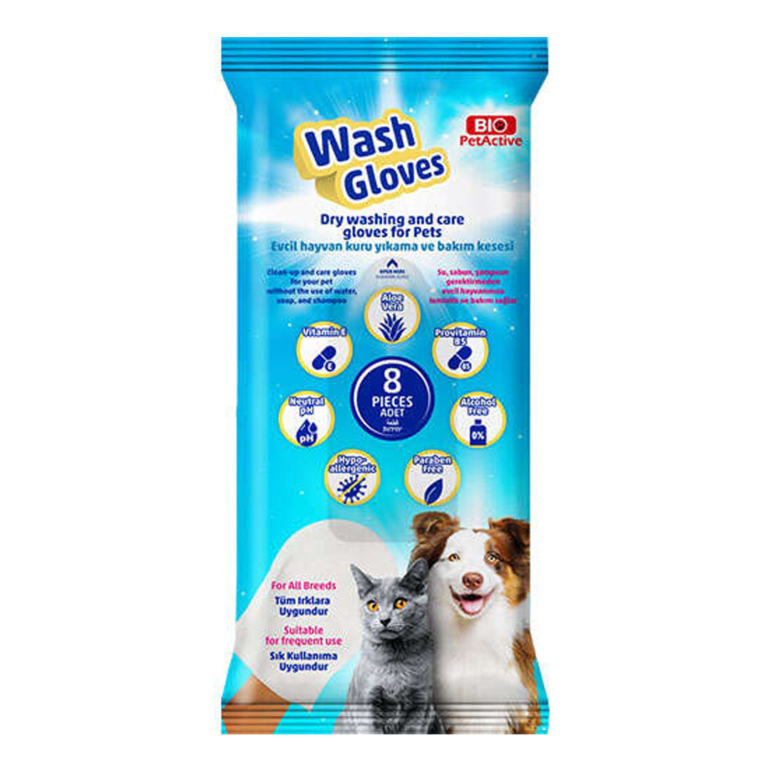 Bio PetActive Wash Gloves Kedi Köpek Kuru Yıkama Bakım Eldiveni 8 Adet