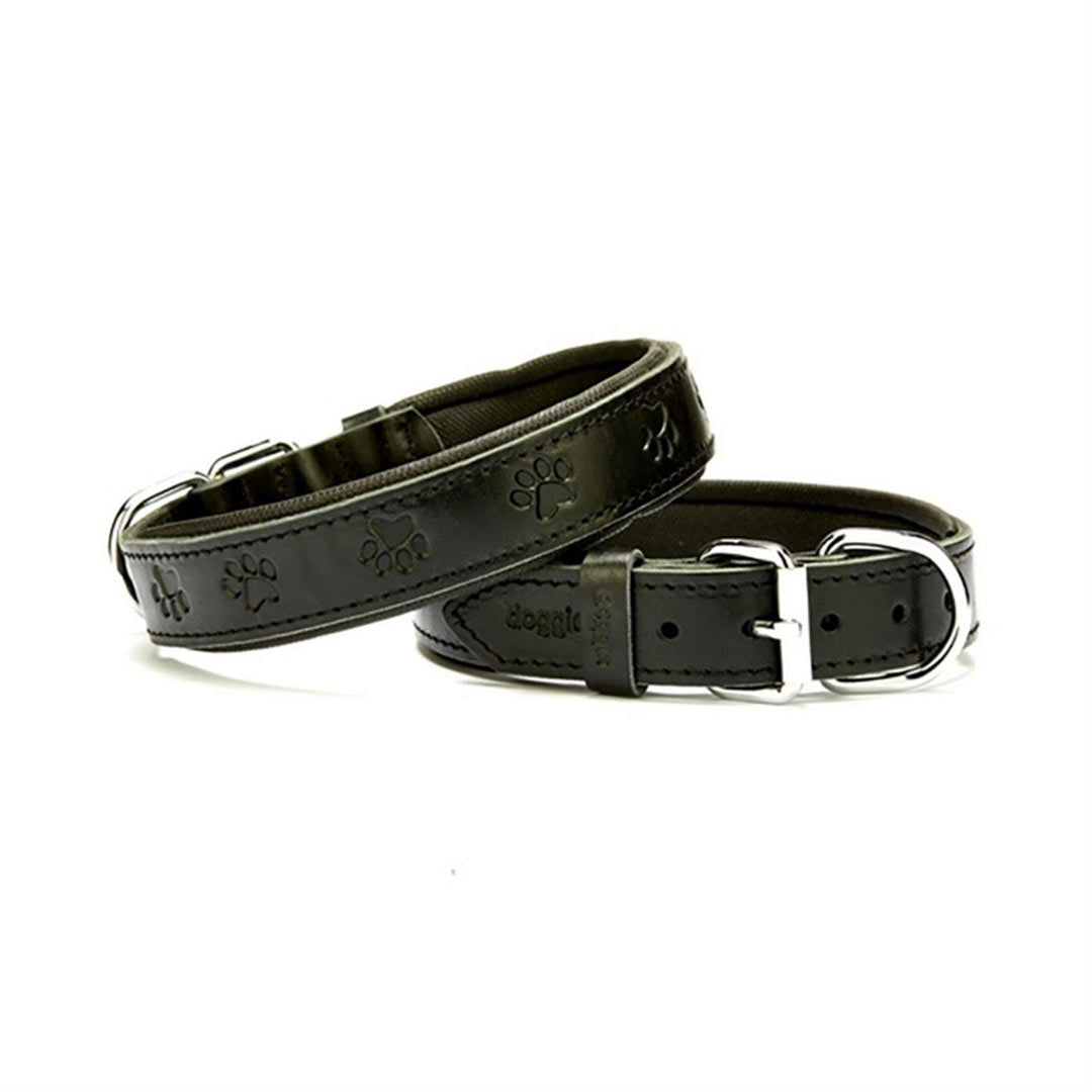 Doggie Comfortable Genuine Leather Handmade Bone Patterned Black Dog Collar 4x52-60cm