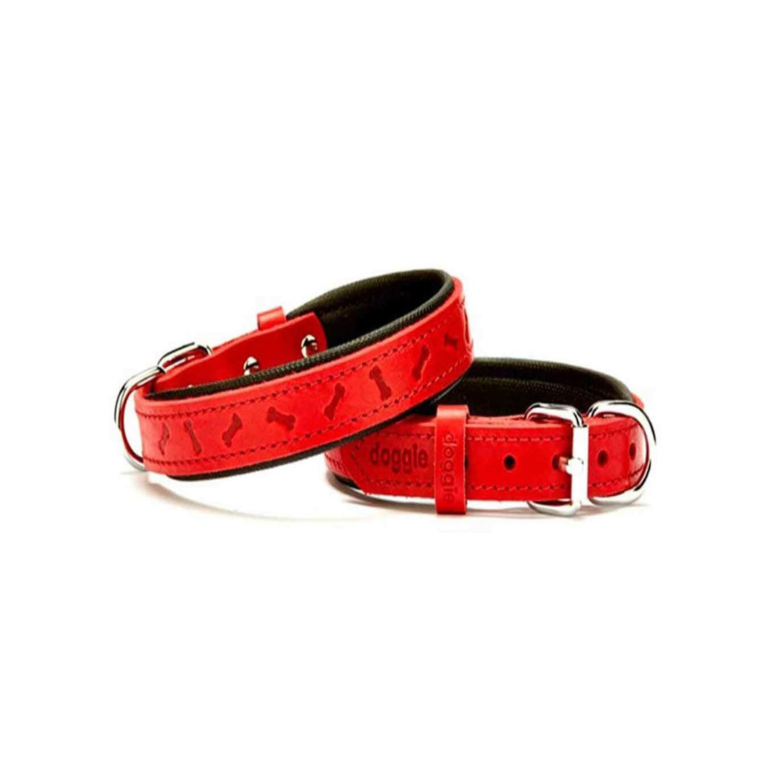 Doggie Comfortable Real Leather Handmade Bone Patterned Red Dog Collar 2x30-35cm