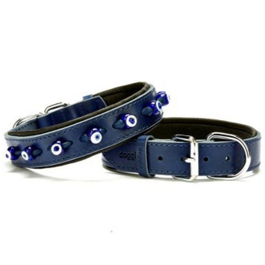 Doggie Comfortable Genuine Leather Handmade Evil Eye Beaded Royal Blue Dog Collar 3x42-50cm