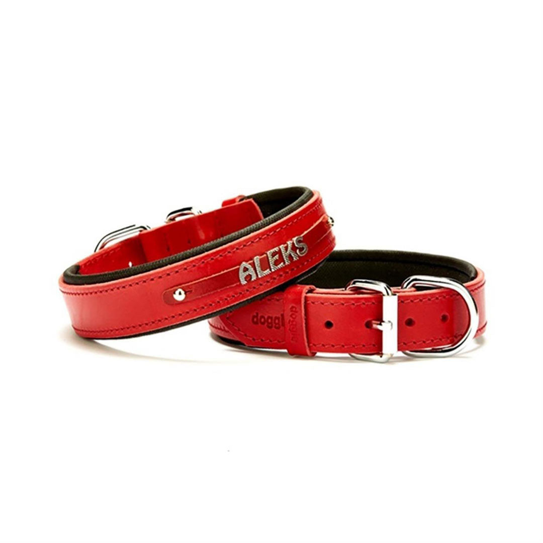 Doggie Comfortable Real Leather Handmade Red Dog Collar with Name Tag 3x42-50cm