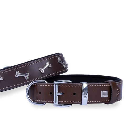 Doggie Comfortable Genuine Leather Handmade Bone Decorated Brown Dog Collar 3.5x47-55cm