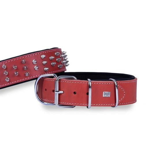 Doggie Çift Kat Gerçek Deriden El Yapımı Çivili Kirmizi Köpek Boyun Tasması 6x55-65cm