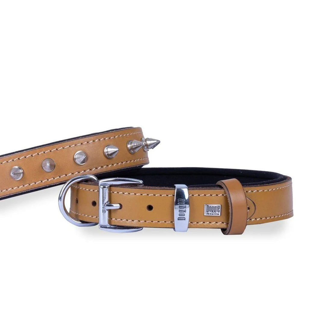 Doggie Comfortable Handmade Genuine Leather Studded Camel Dog Collar 3.5x47-55cm