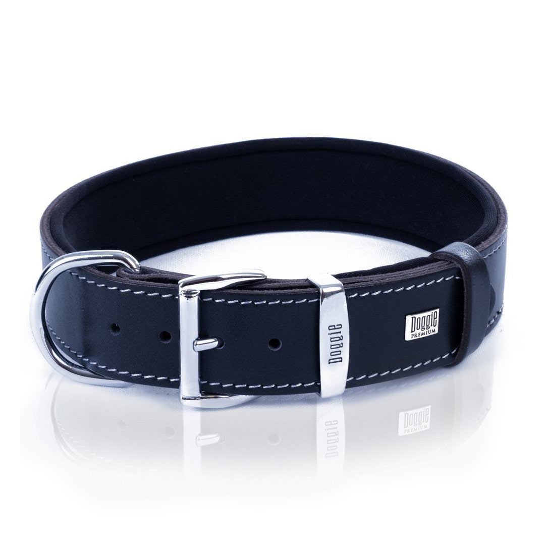 Doggie Comfort Leather Double Nameplate Black Dog Collar M 4x52-60cm