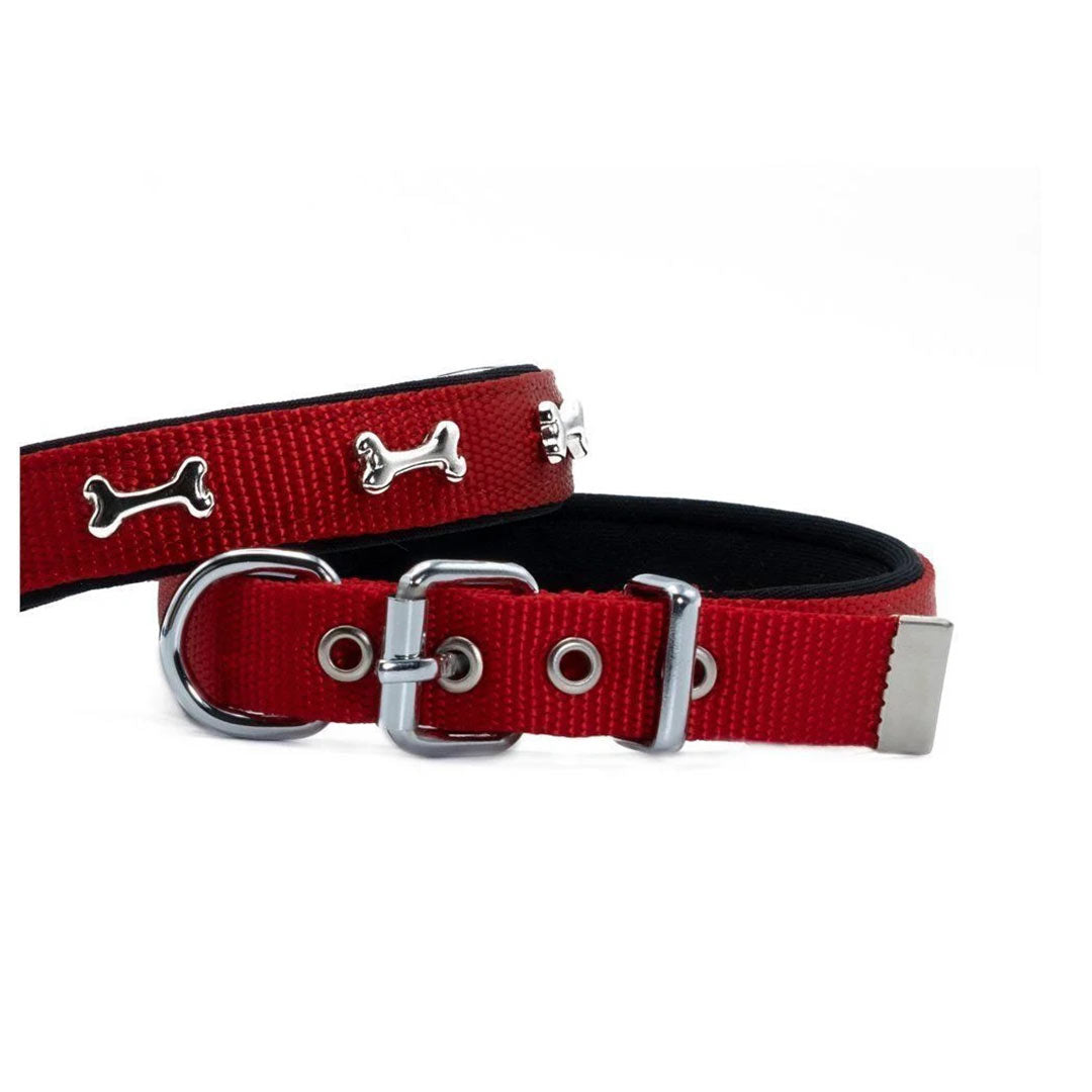 Doggie Konforlu Dokumadan El Yapımı Kemik Süslü Kirmizi Köpek Boyun Tasması 2x30-35cm