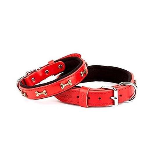 Doggie Comfort Leather Bone Decorated Red Dog Collar Medium 2.5x37-45 Cm