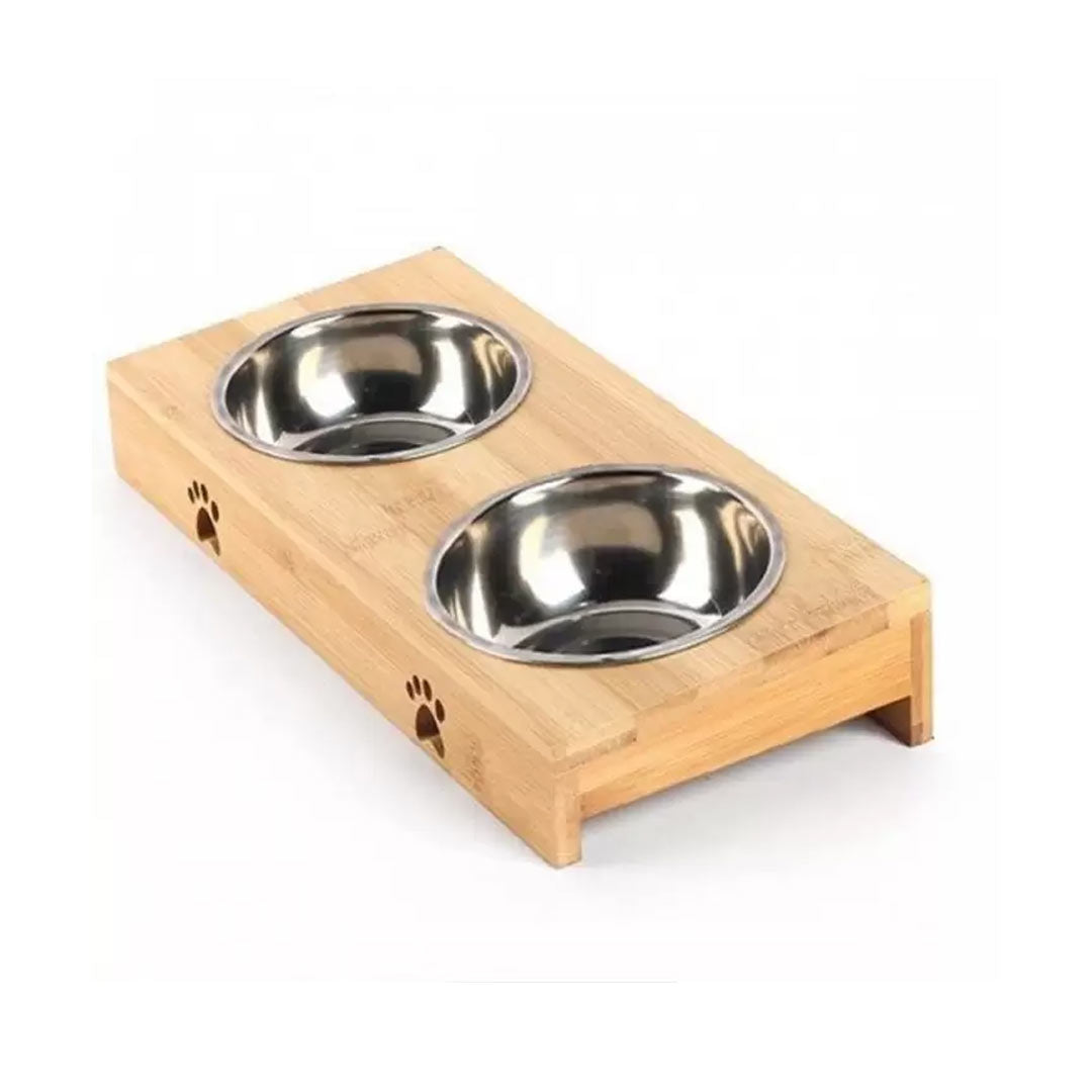 Carno Dual Steel Food Bowl with Wooden Stand for Cats and Small Breed Dogs 2x200ml