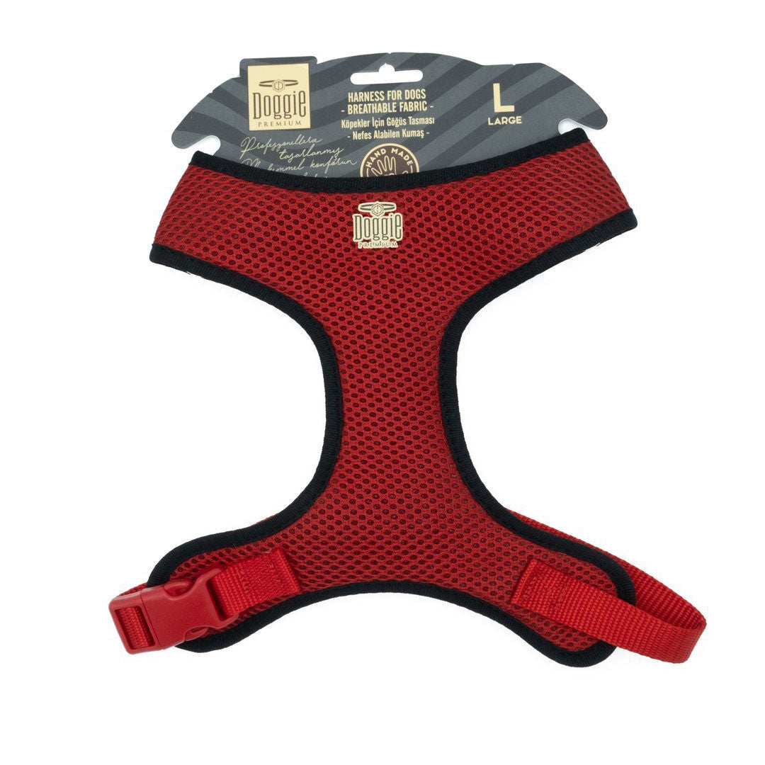 Doggie Havalı Dokumadan El Yapımı Küçük Irk Kirmizi Köpek Göğüs Tasması L-2x45-55cm