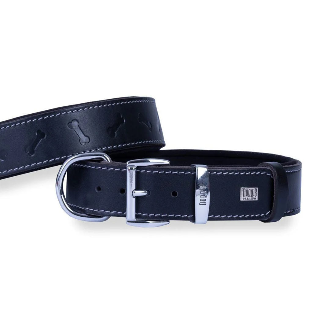 Doggie Comfortable Genuine Leather Handmade Bone Patterned Black Dog Collar 4x57-65cm