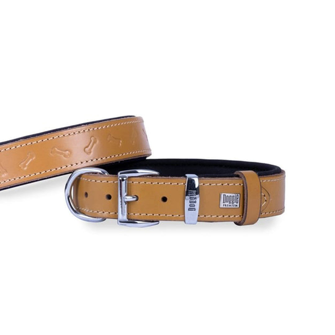 Doggie Comfortable Genuine Leather Handmade Bone Patterned Camel Dog Collar 2x30-35cm